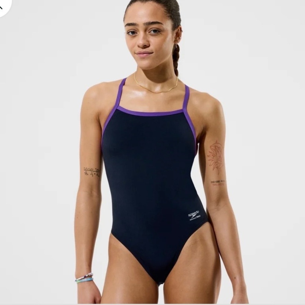 Speedo Endurance+ Flyback One Piece Swimsuit Black Purple Size 10/36